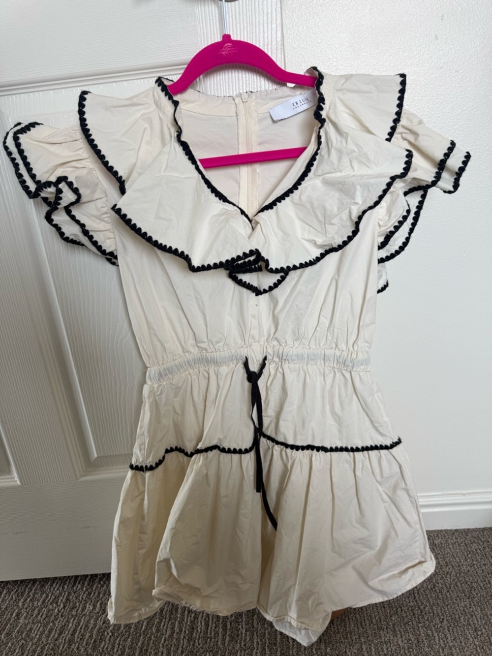 Cream Ruffle Mini Dress with Black Trim